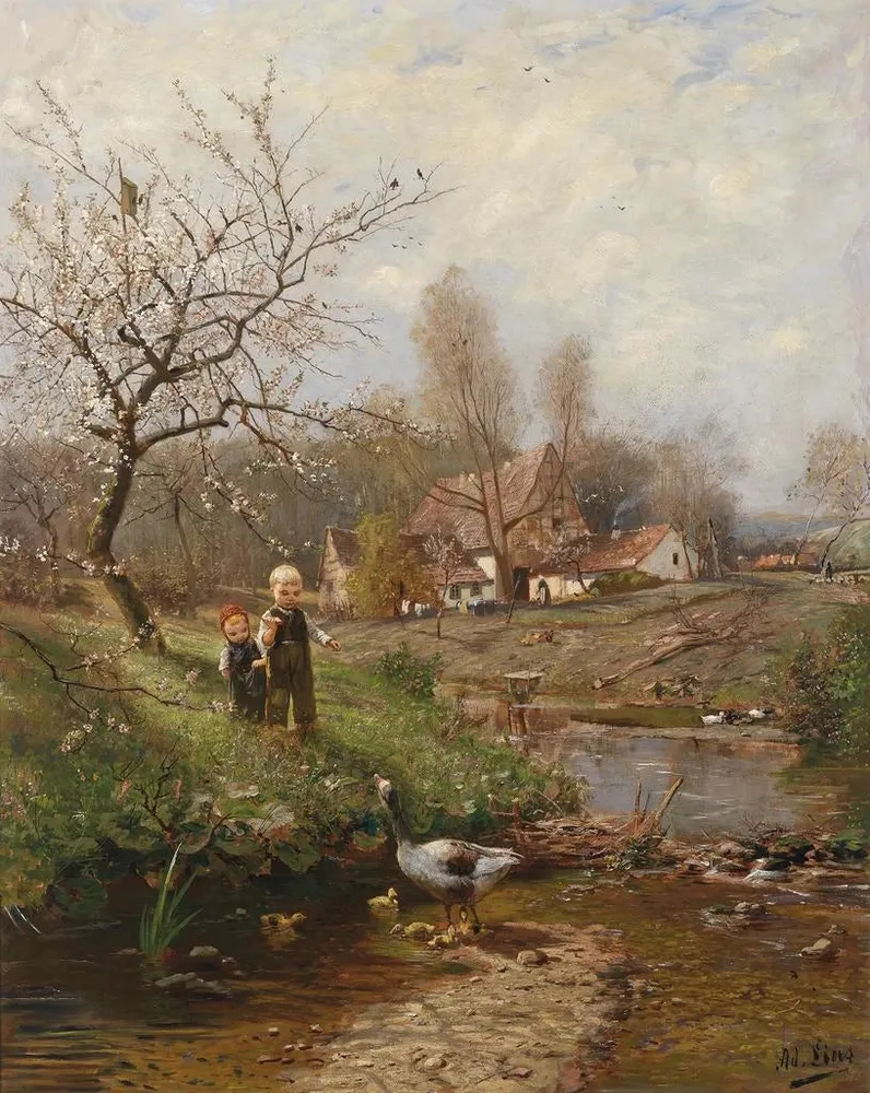 Gemälde Frühlingslandschaft mit zwei Kindern und Gänsen - Adolf Lins | Kunstdruck