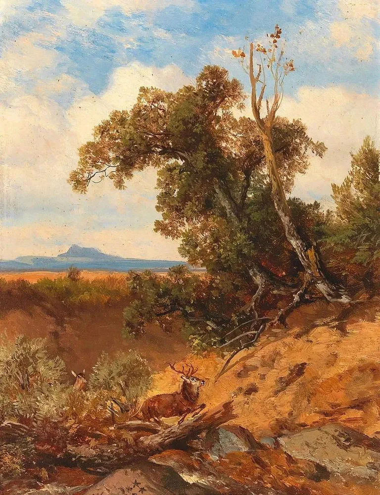 Gemälde Hirsch auf der Flucht den Vorbergen der Alpen - Albert Zimmermann | Kunstdruck