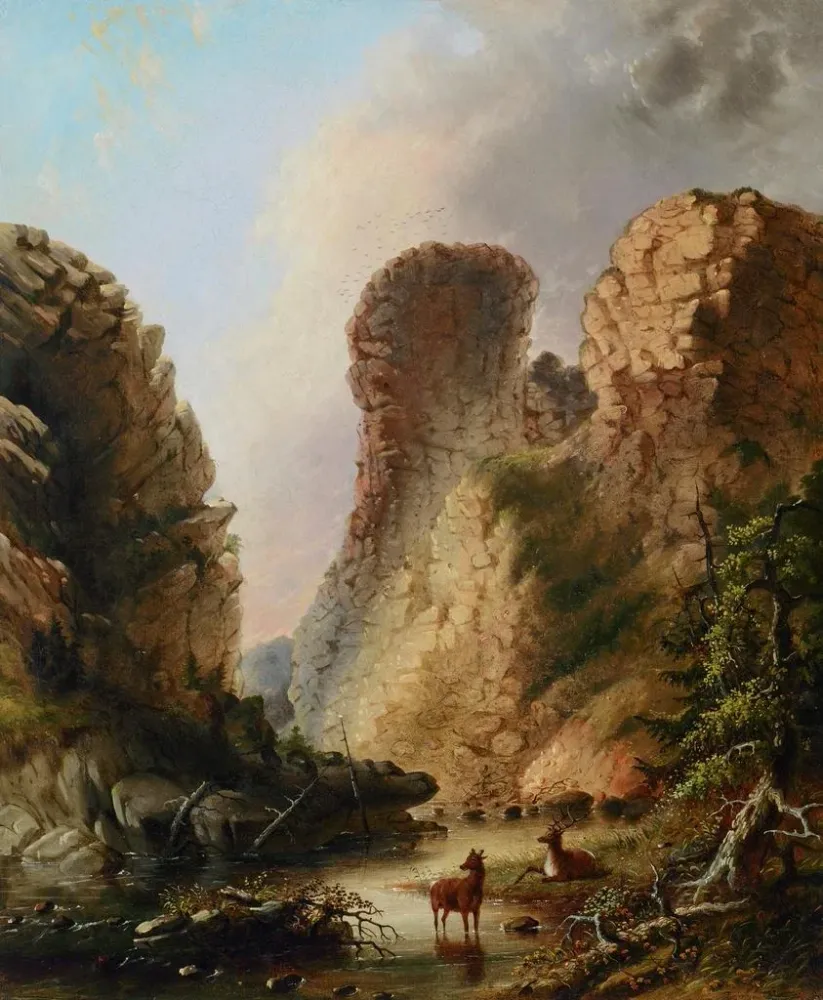Gemälde Hirsch am Flussufer Wyoming - Alfred Jacob Miller | Kunstdruck