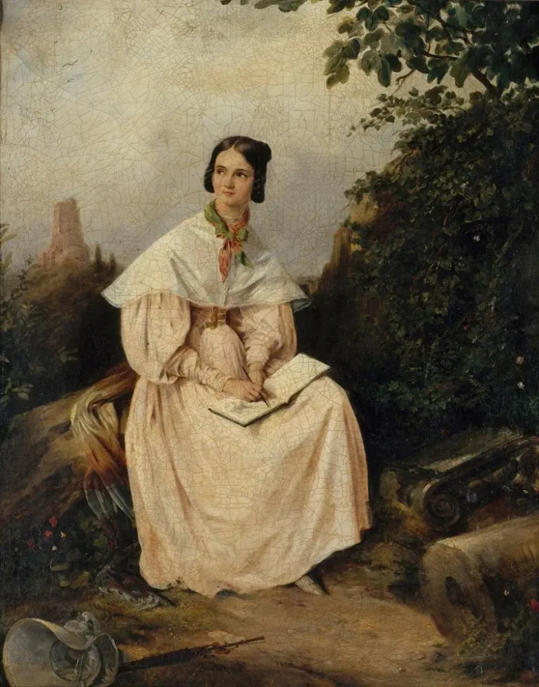 Gemälde Héloïse Colin zeichnend der nîmoise Landschaft - Alexandre Marie Colin | Kunstdruck