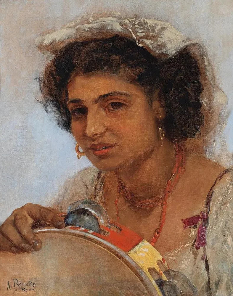 Gemälde Italienisches Mädchen mit Kopftuch und Tamburin - Anton Romako | Kunstdruck