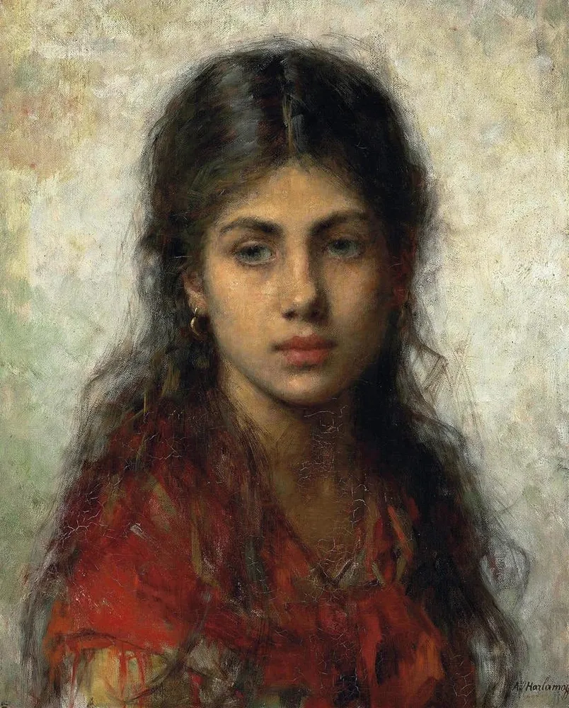 Gemälde Mädchen mit rotem Schal - Alexei Harlamoff | Kunstdruck