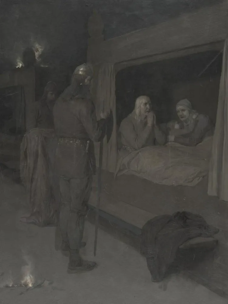 Gemälde Njal Bergthora und Thord Karisson entscheiden sich, lebendig verbrannt zu werden - August Malmström
