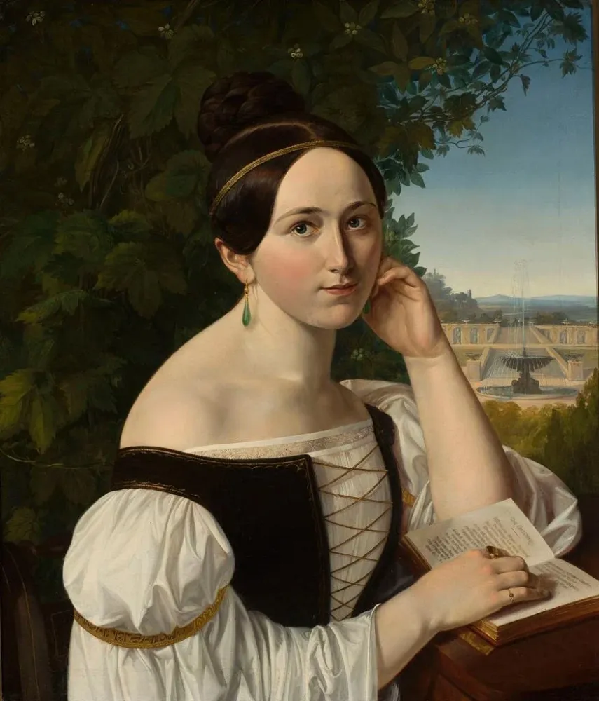 Gemälde Portrait einer jungen Frau mit einem Buch einem Park - Anonym | Kunstdruck