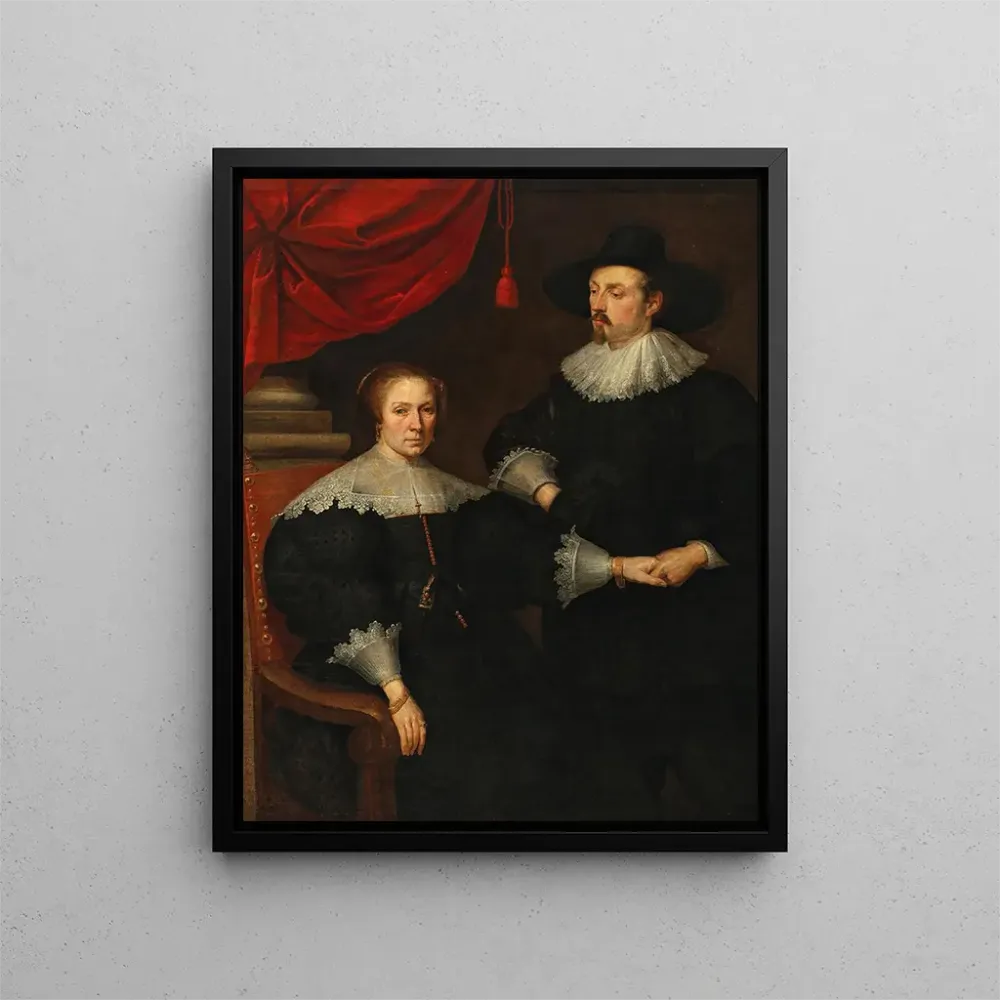Gemälde Portrait einer sitzenden Dame mit einem Herrn, der ihr die Hand hält - Schule von Antwerpen | Kunstdruck