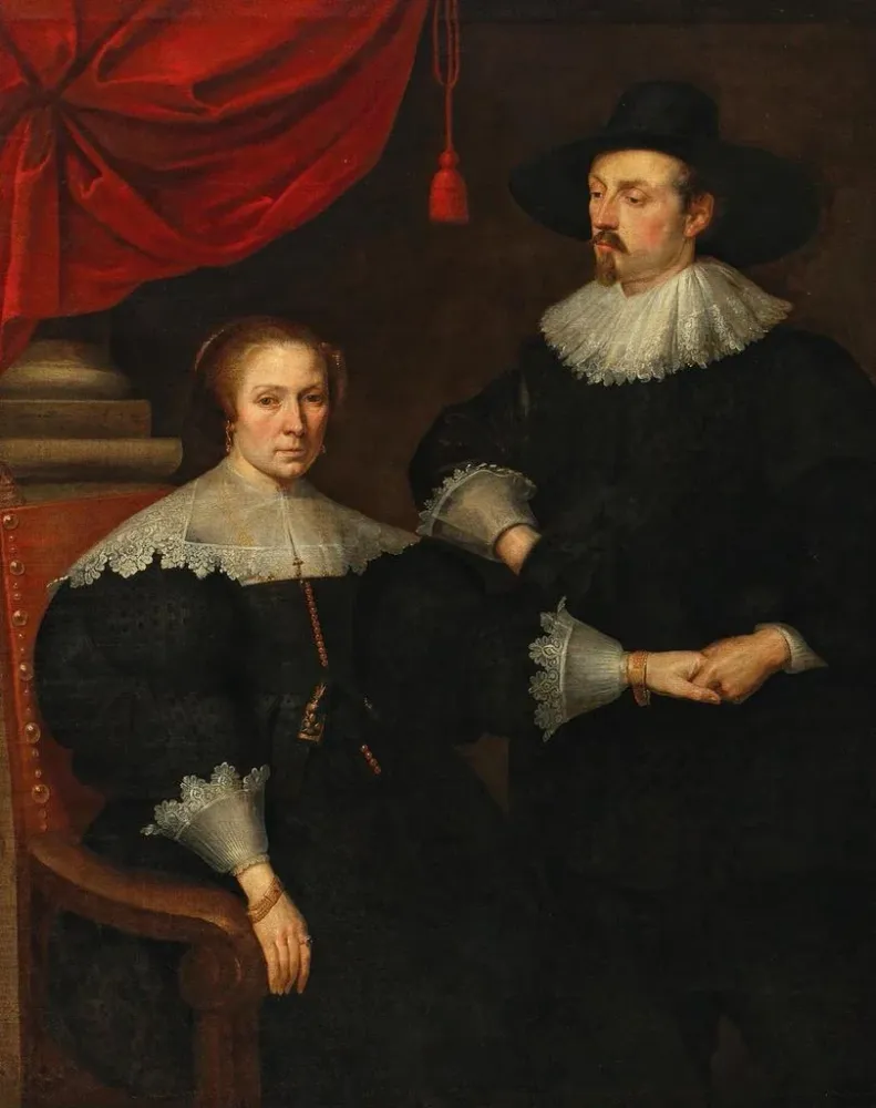 Gemälde Portrait einer sitzenden Dame mit einem Herrn, der ihr die Hand hält - Schule von Antwerpen | Kunstdruck