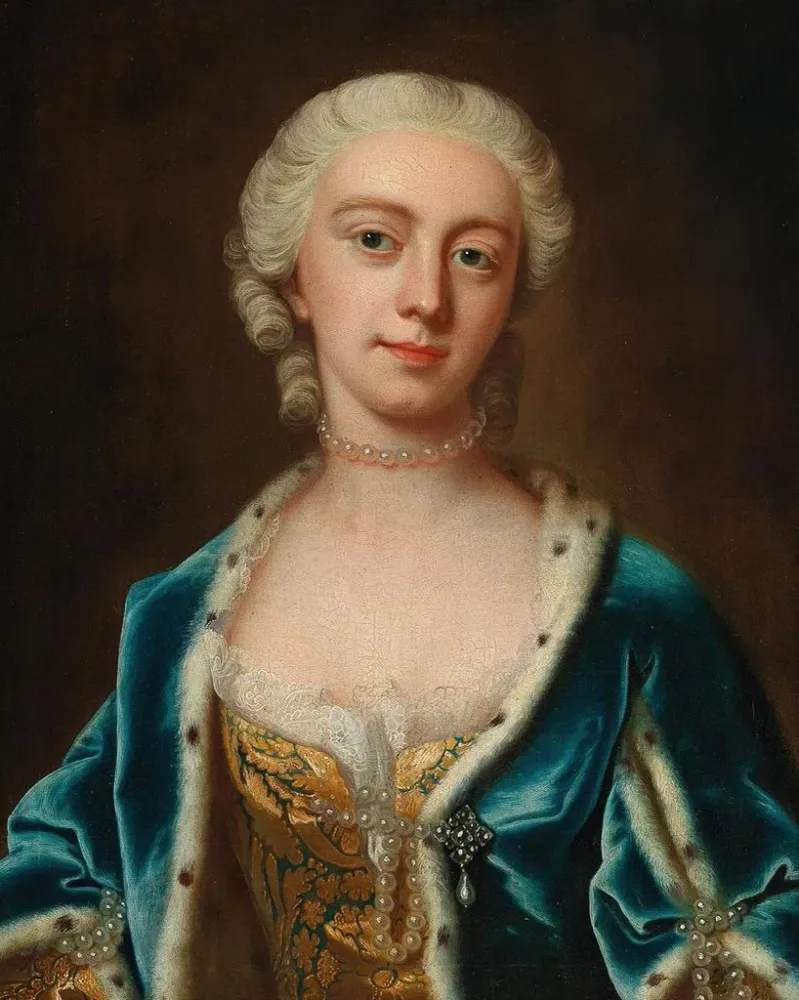 Gemälde Portrait von Augusta, Prinzessin von Wales, mit Perlen und blauer Cape mit Hermelinfutter - Barthélemy du Pan | Ku...