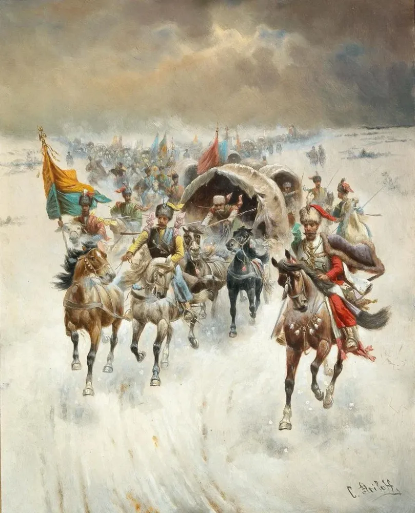 Gemälde Prozession von Kosaken einer Winterlandschaft - Adolf Baumgartner-Stoiloff | Kunstdruck
