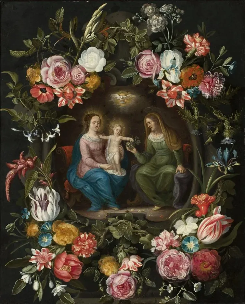 Gemälde Sainte Anne avec la Vierge Marie et l'Enfant Jésus dans un cercle de fleurs - Anonyme | Kunstdruck