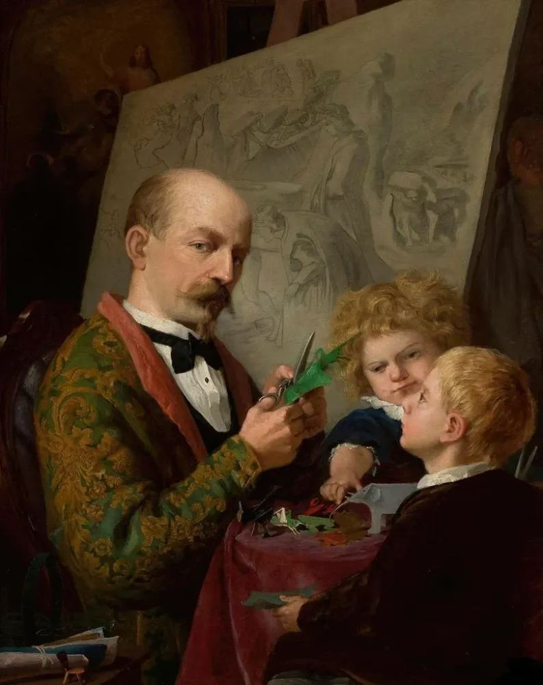 Gemälde Selbstporträt des Künstlers mit Kindern - Adrian Głębocki | Kunstdruck