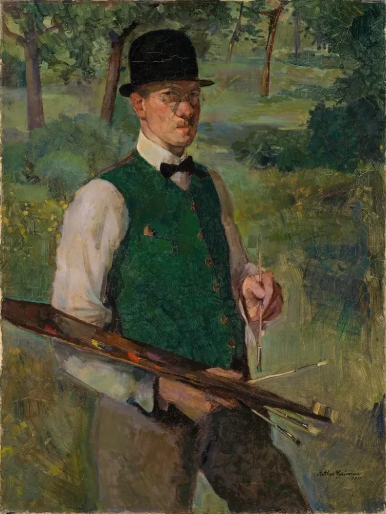 Gemälde Selbstporträt mit Palette im Freien - Arthur Grimm