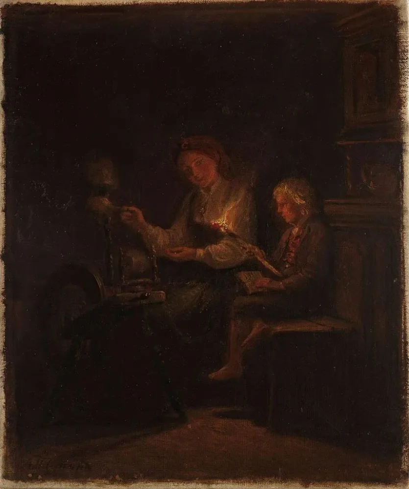 Gemälde Am Spinnrad - Adolph Tidemand | Kunstdruck