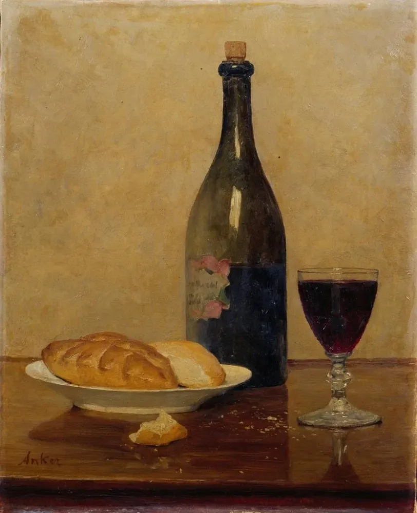 Gemälde Stillleben mit altem Wein und Brot - Albert Anker | Kunstdruck