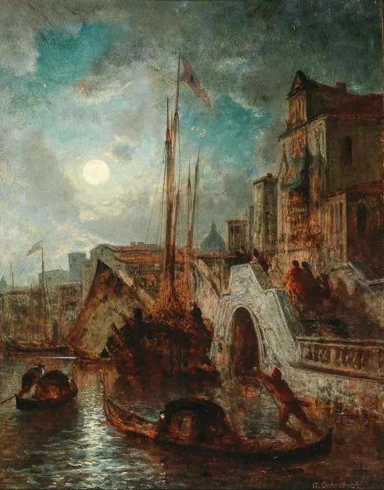 Gemälde Venedig Ein Kanal im Mondschein mit Santa Maria della Salute im Hintergrund - Andreas Achenbach | Kunstdruck