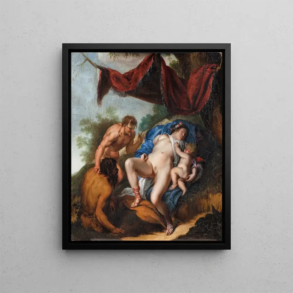 Gemälde Venus endormie mit Cupido beobachtet von Satyren - Anonym | Kunstdruck