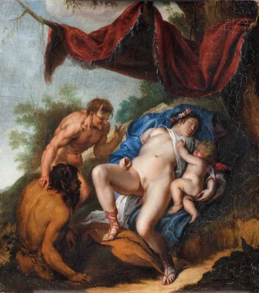 Gemälde Venus endormie mit Cupido beobachtet von Satyren - Anonym | Kunstdruck