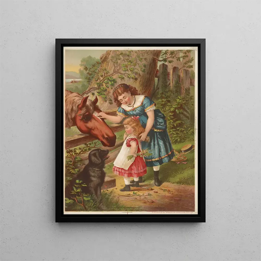 Gemälde Zwei junge Mädchen mit einem Pferd und einem Hund - Armstrong & Co. Lith. | Kunstdruck