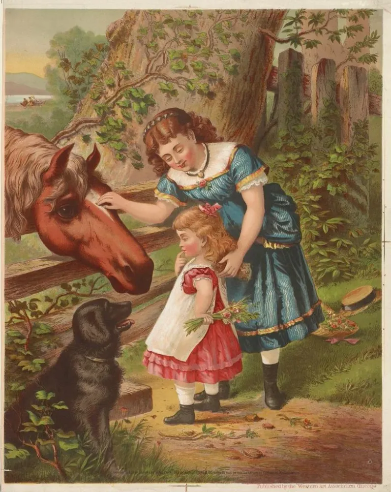 Gemälde Zwei junge Mädchen mit einem Pferd und einem Hund - Armstrong & Co. Lith. | Kunstdruck