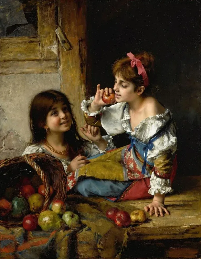 Gemälde Zwei Mädchen mit Äpfeln und Birnen - Alexei Harlamoff | Kunstdruck