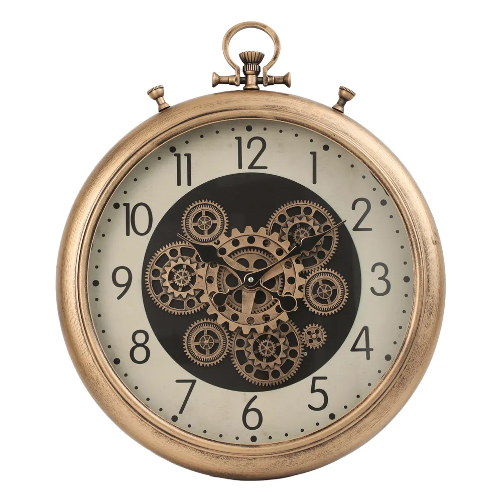 Goldene Chronographen-Wanduhr mit beweglichen Zahnrädern