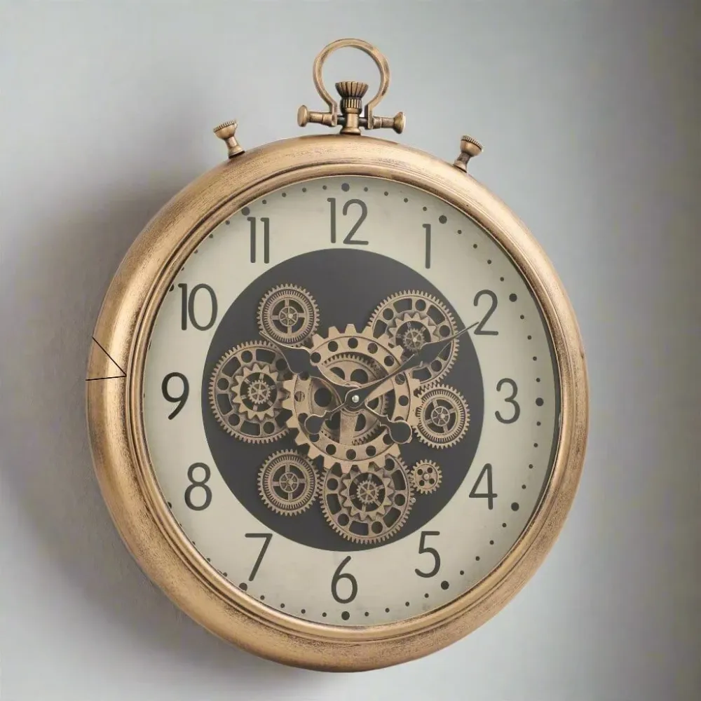 Goldene Chronographen-Wanduhr mit beweglichen Zahnrädern