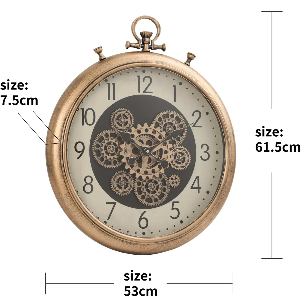 Goldene Chronographen-Wanduhr mit beweglichen Zahnrädern