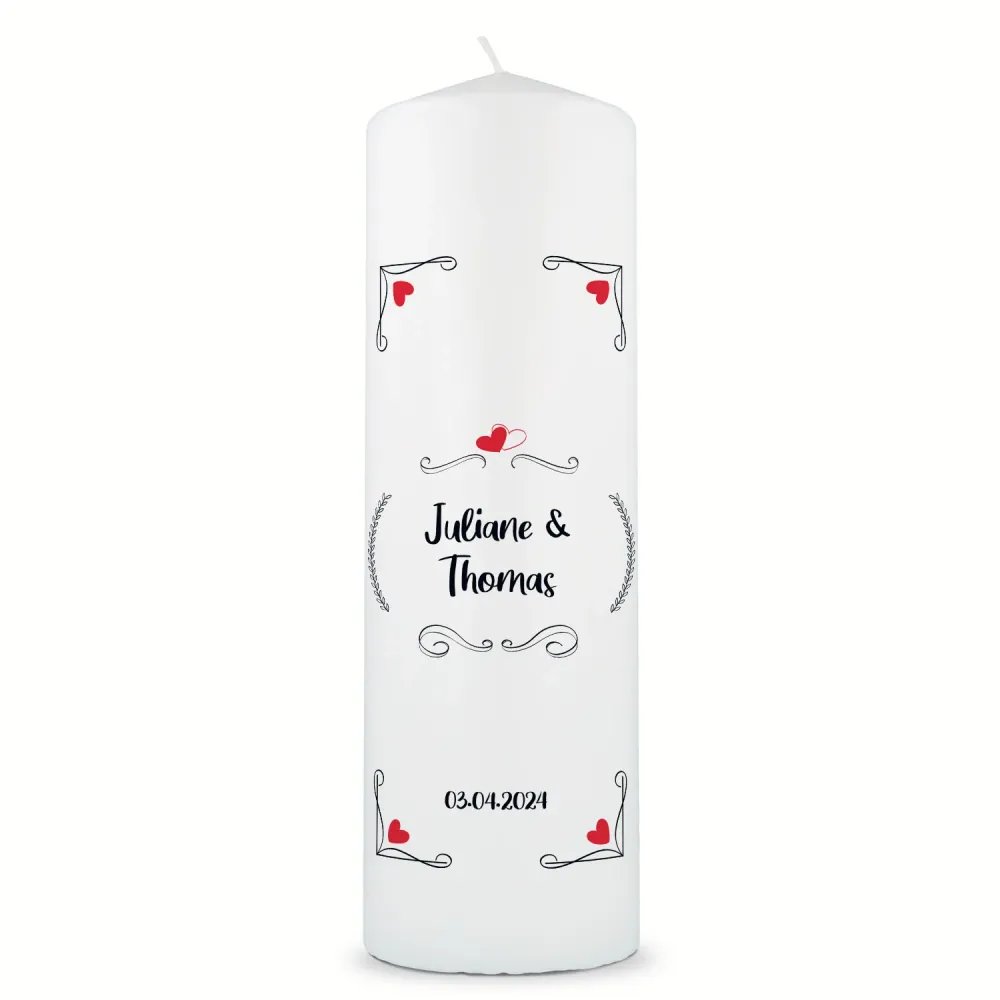 Große Kerze "Red Hearts" - Hochzeitskerze mit Namen, Datum & Wunschtext