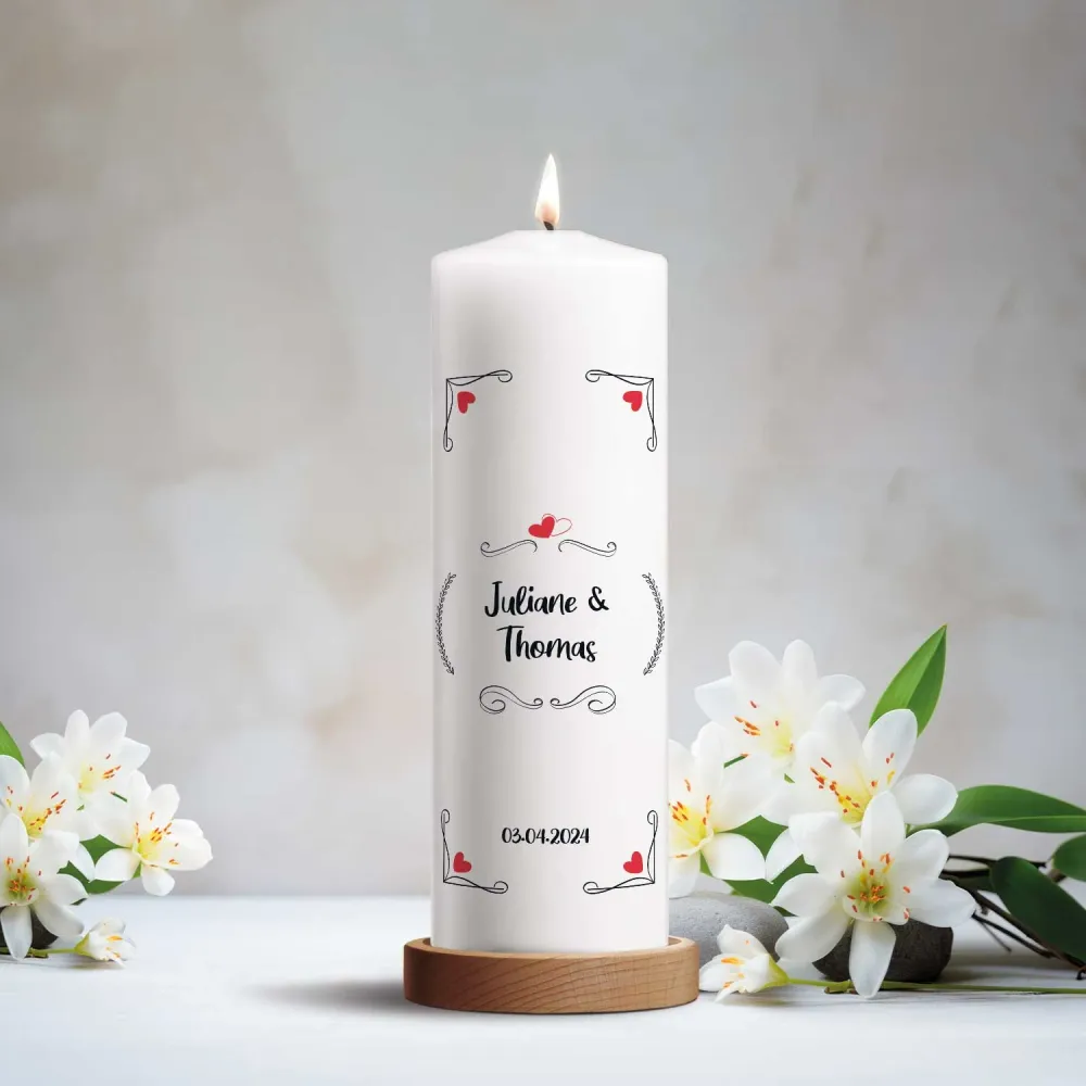 Große Kerze "Red Hearts" - Hochzeitskerze mit Namen, Datum & Wunschtext