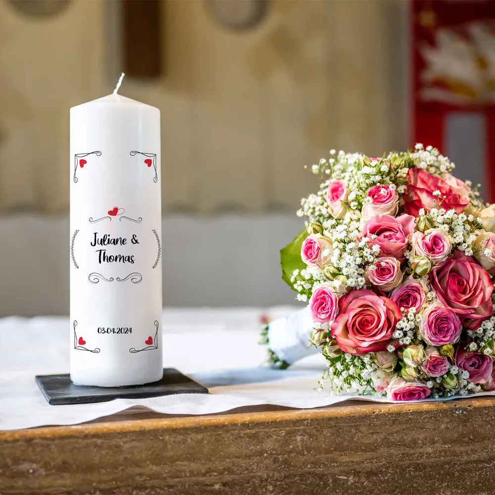 Große Kerze "Red Hearts" - Hochzeitskerze mit Namen, Datum & Wunschtext