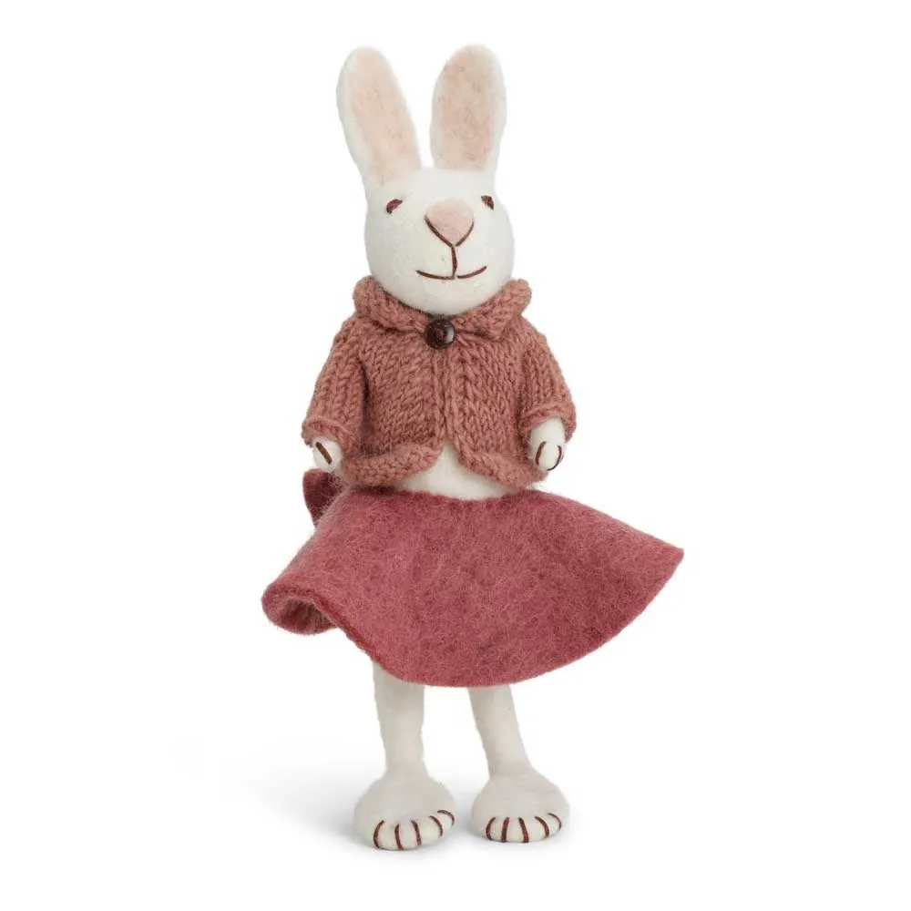 Gry & Sif - Großer weißer Hase Filz mit rosafarbenem Rock & Jacke
