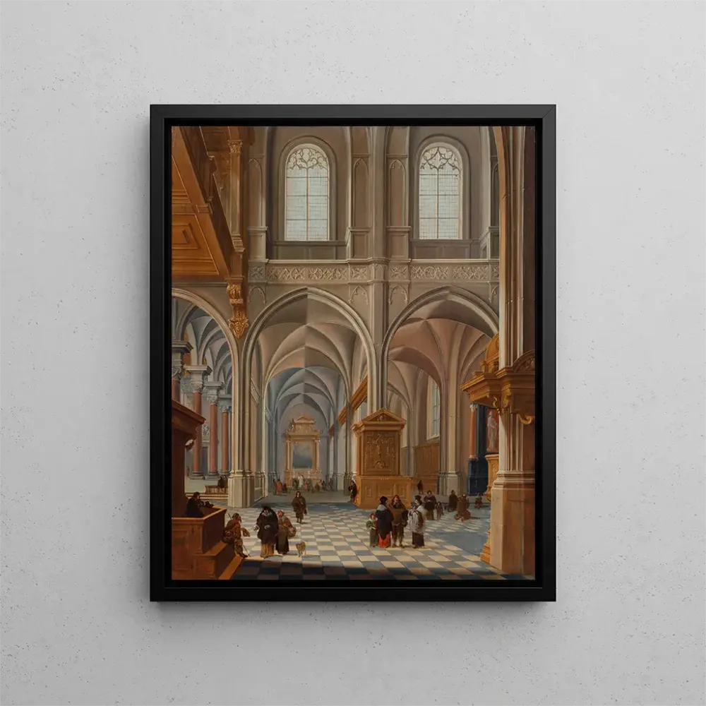 Innenansicht einer Kirche mit elegant gekleideten Figuren, Brüdern und einem Geistlichen - Bartholomeus van Bassen | Kunst...