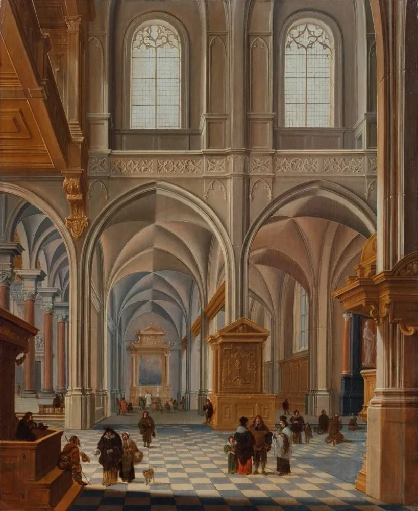 Innenansicht einer Kirche mit elegant gekleideten Figuren, Brüdern und einem Geistlichen - Bartholomeus van Bassen | Kunst...