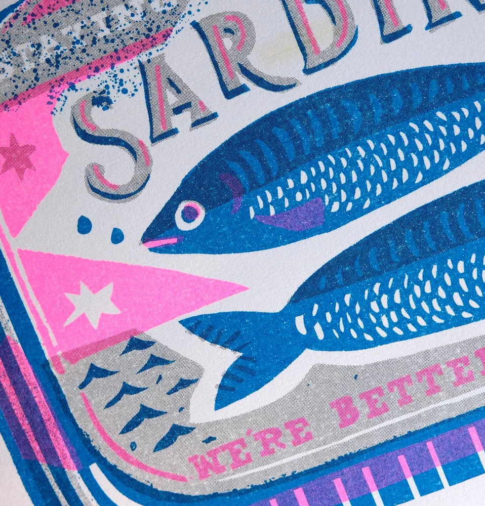 Kunstdruck mit Sardinen im Format / A4 / Risographie