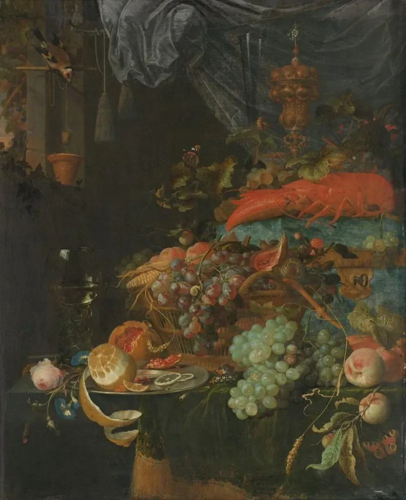 Kunstdruck Naturmorte mit Früchten und einem Distelfink - Abraham Mignon | Kunstdruck