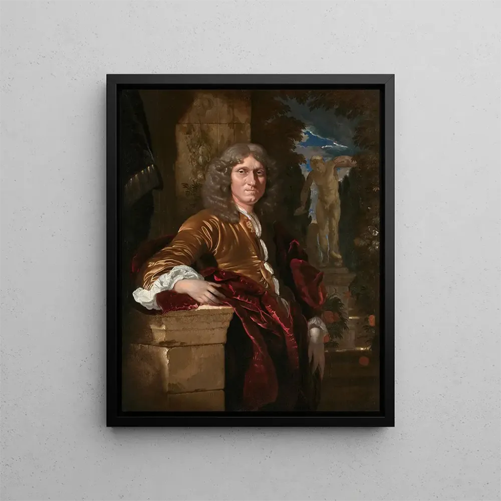 Kunstdruck Porträt eines Edelmannes, der einem Sockel vor einem Park lehnt - Adriaen van der Werff | Kunstdruck