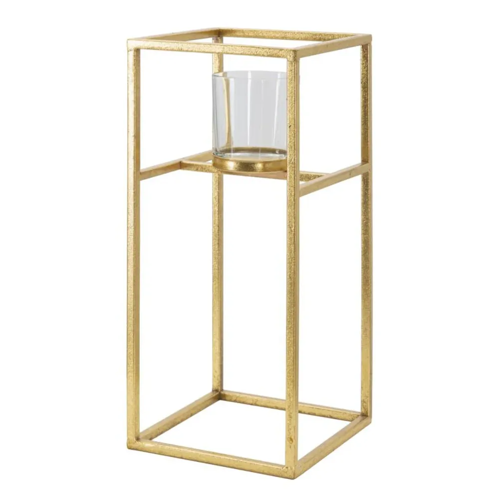Quadratischer, goldener Kerzenhalter mit Glaseinsatz Mauro Ferretti