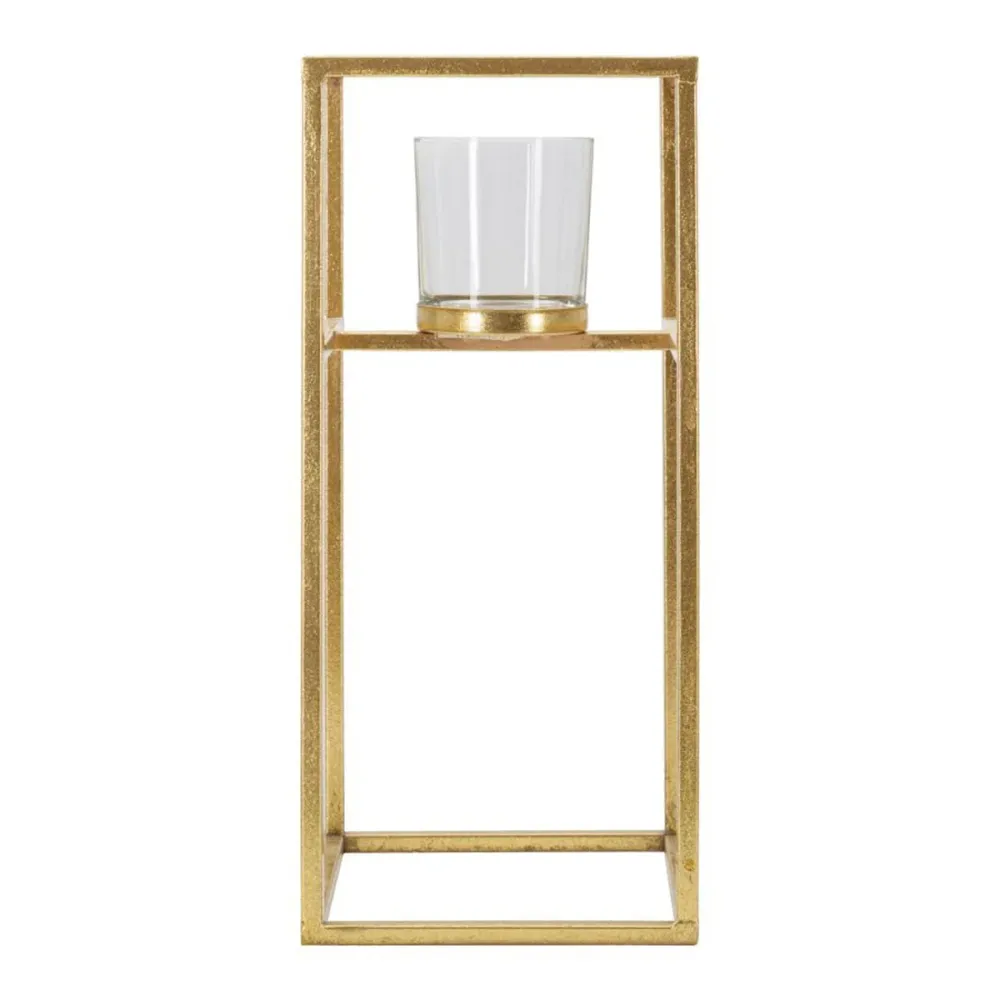 Quadratischer, goldener Kerzenhalter mit Glaseinsatz Mauro Ferretti