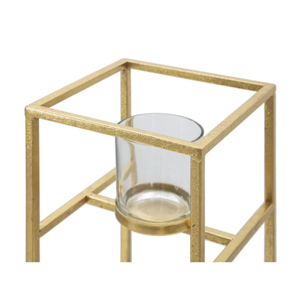 Quadratischer, goldener Kerzenhalter mit Glaseinsatz Mauro Ferretti