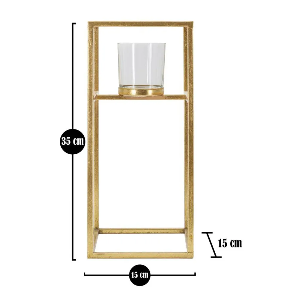 Quadratischer, goldener Kerzenhalter mit Glaseinsatz Mauro Ferretti