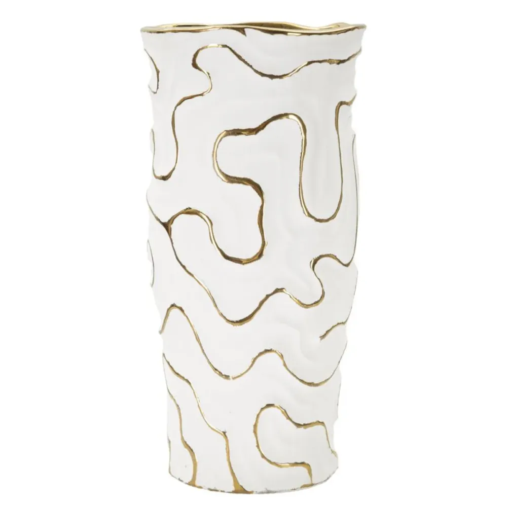 Weiße Keramikvase mit feinen goldenen Linienverzierungen Mauro Ferretti