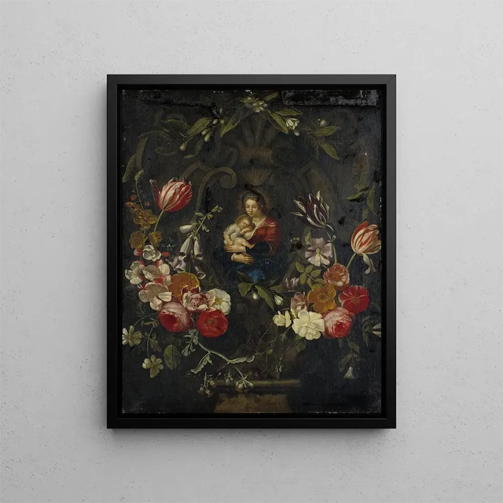 Naturstillleben mit Blumen-Cartouche umgeben eine Jungfrau mit Kind - Anonym | Kunstdruck