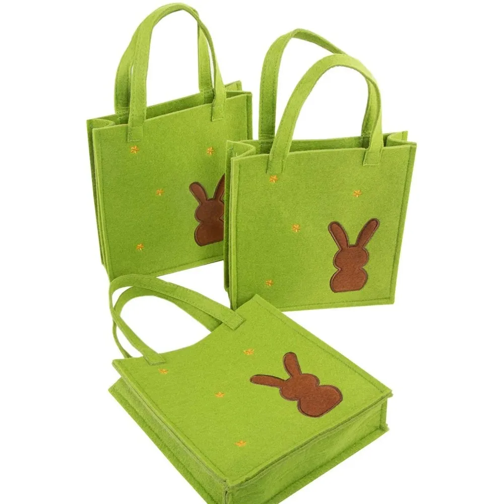 3 Ostertüten aus Filz - grüne Henkeltaschen mit Osterhase als Verpackung