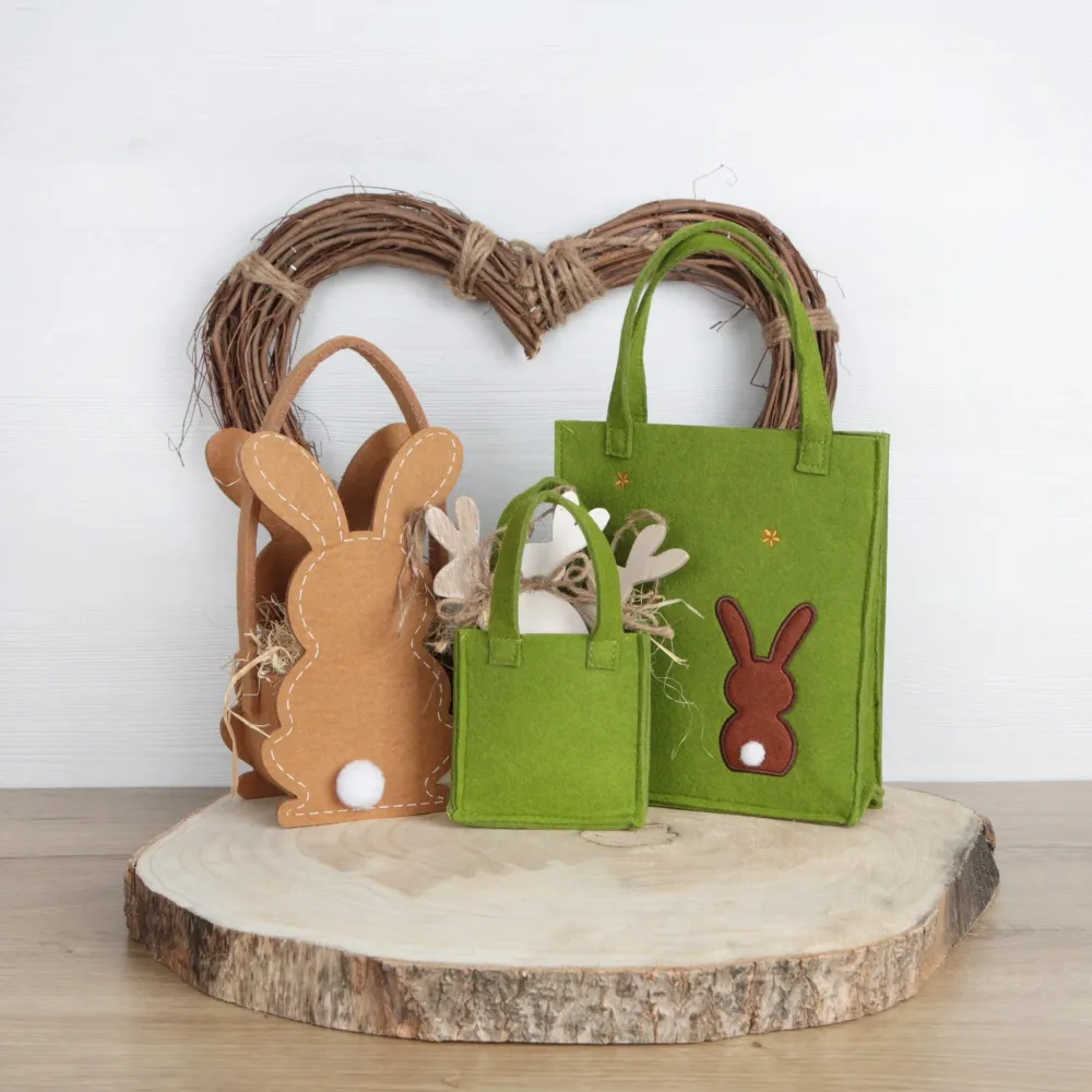 3 Ostertüten aus Filz - grüne Henkeltaschen mit Osterhase als Verpackung