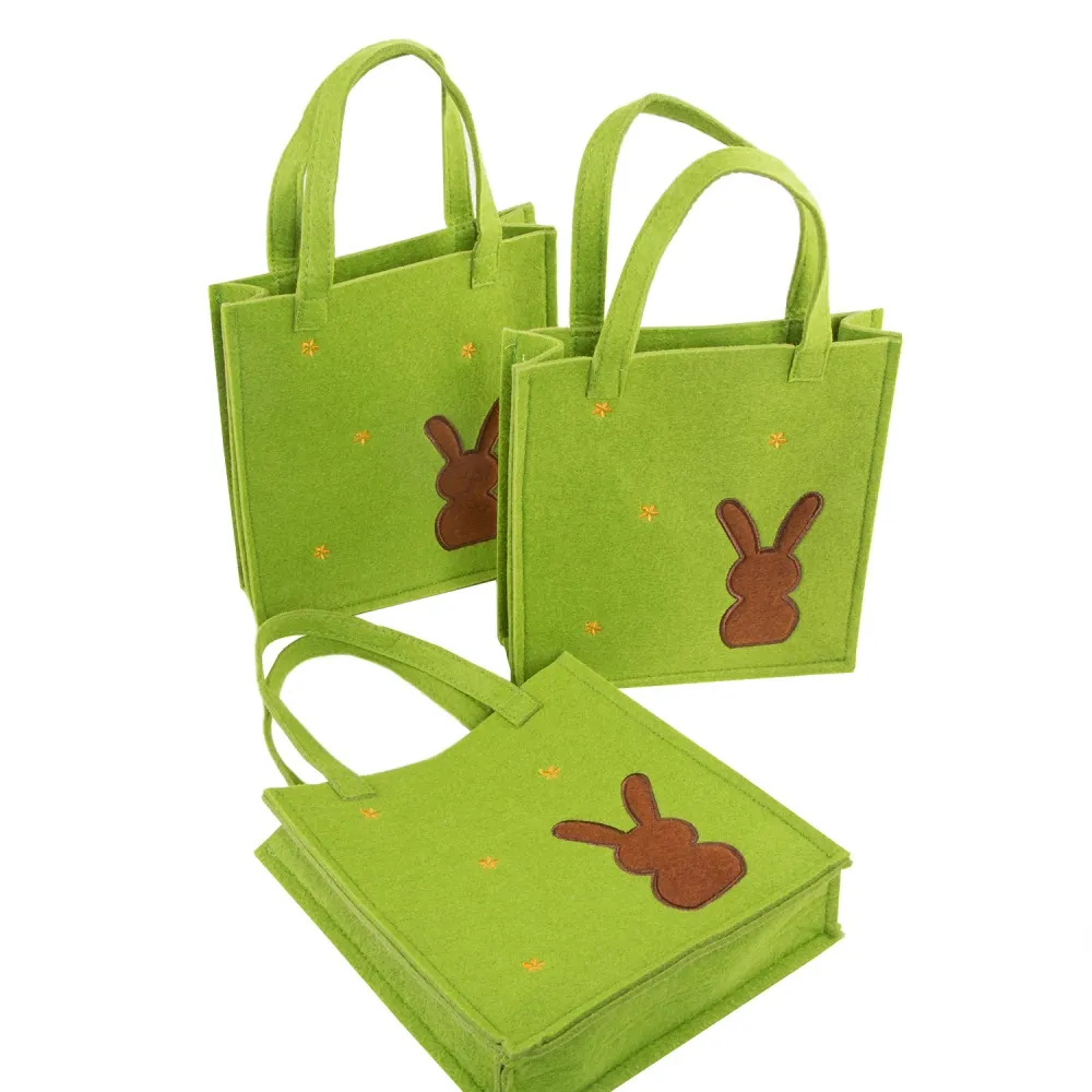 3 Ostertüten aus Filz - grüne Henkeltaschen mit Osterhase als Verpackung
