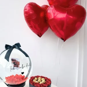 Personalisierte Ballon Rosenbox mit Foto + Herzballons Geschenkset Valentinstag