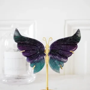 Regenbogen Fluorit Schmetterling Flügel auf Halter . Ständer S [V] ca. 12 x 13 cm - aus China HAND CARVED
