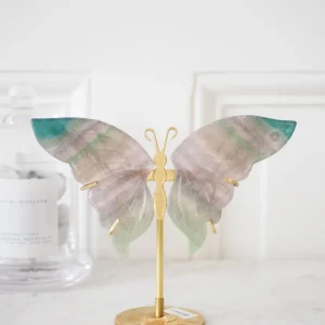 Regenbogen Fluorit Schmetterling Flügel auf Halter . Ständer S [X] ca. 12 x 13 cm HAND CARVED