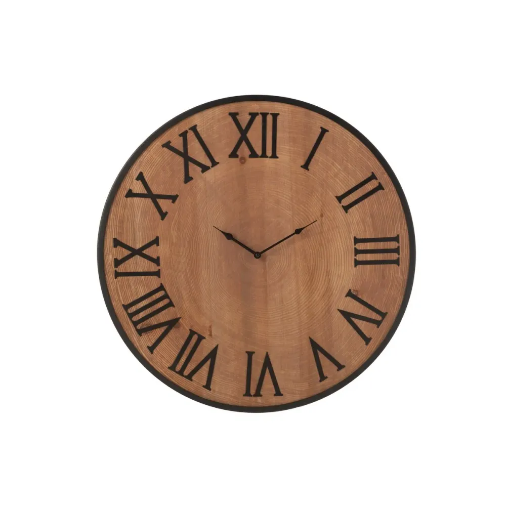 Runde Wanduhr aus Holz und Eisen, 60 cm im Natur-Look
