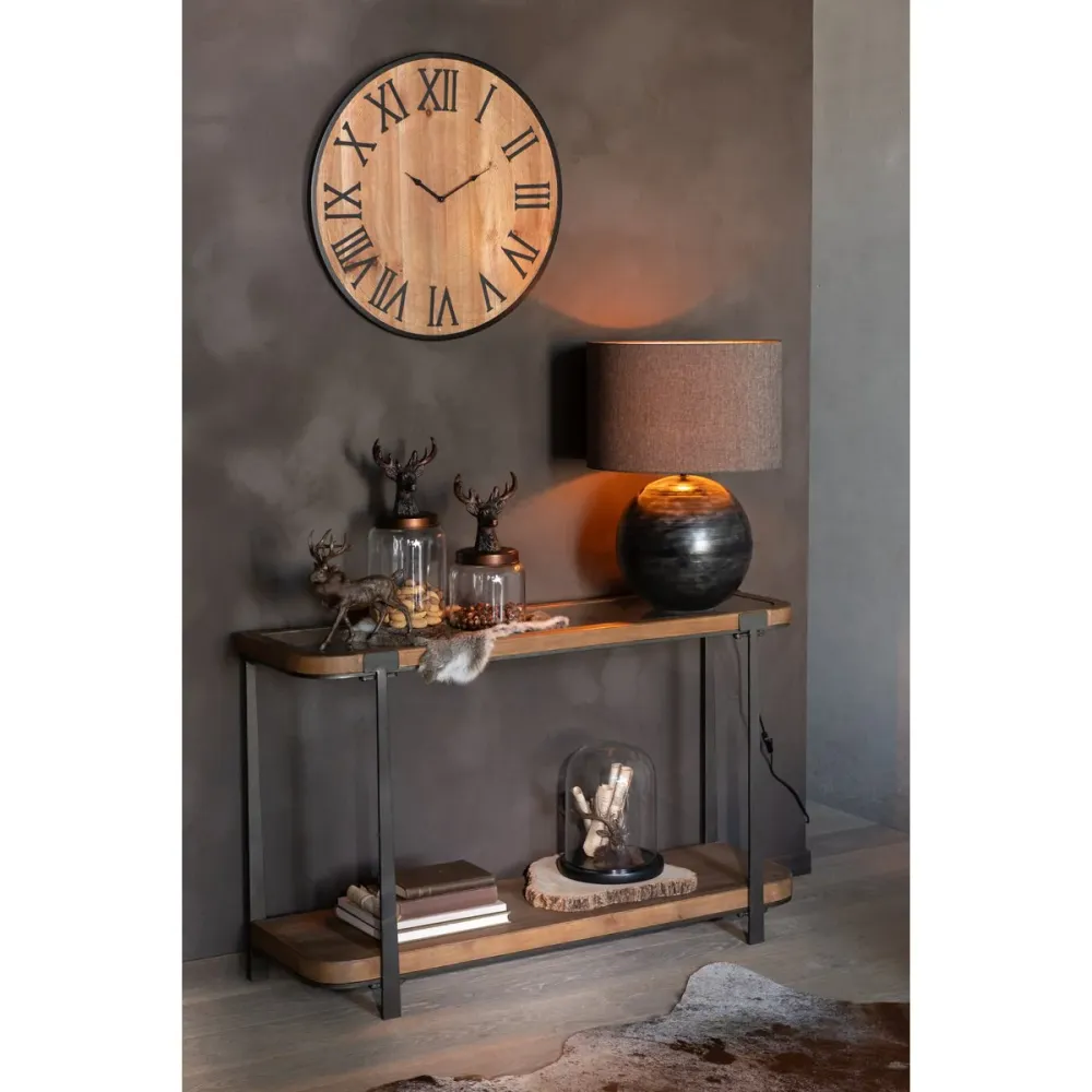 Runde Wanduhr aus Holz und Eisen, 60 cm im Natur-Look