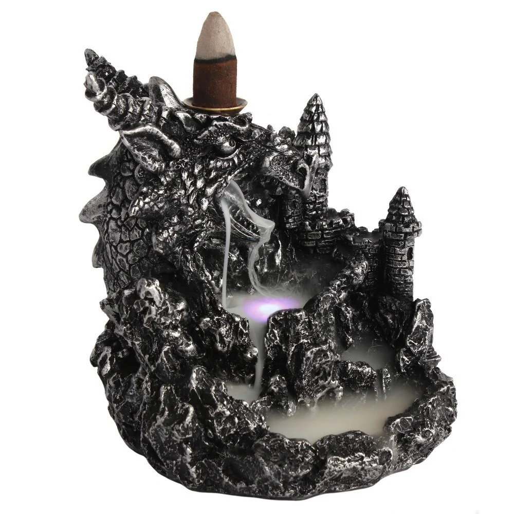 Silberner Drache beleuchtet - Räucherrückfluss-Brenner (Backflow Incense Burner)